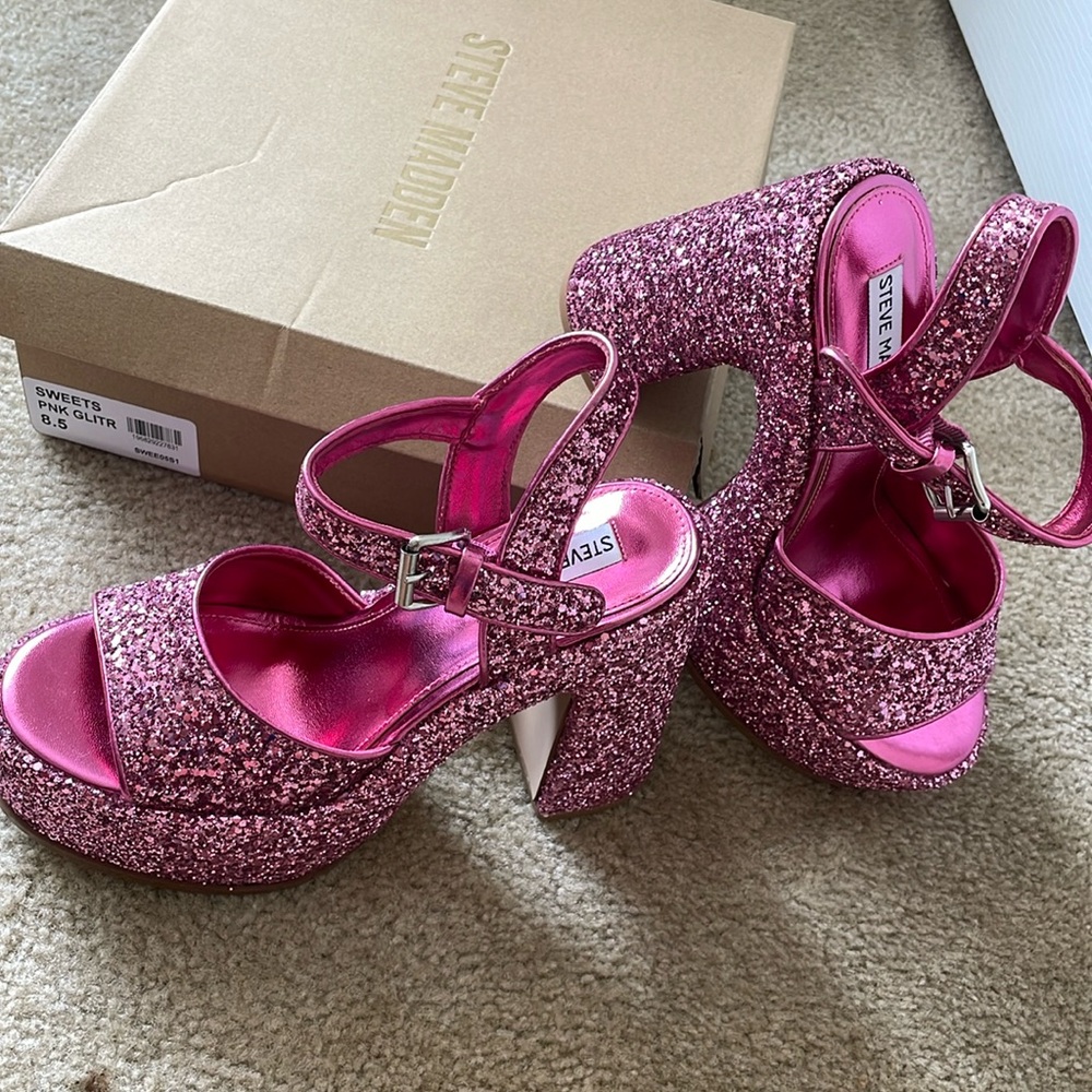 Steve Madden Sweets Pink Glitter Platform Sandals New w/box Size 8 1/2